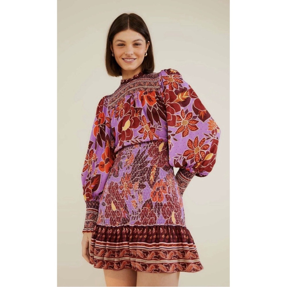 NWT FARM RIO Sweet Floral Lilac Smocked Mini Dress Medium
